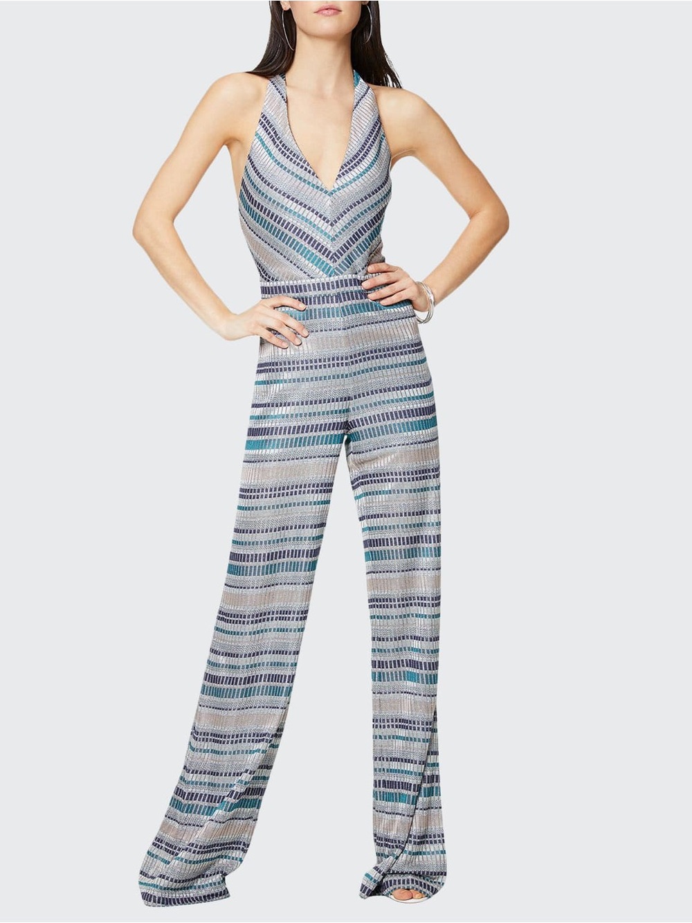 Ramy Brook Striped Halter Jumpsuit in Blue, Gray and Teal